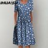 IHUASU 30 Color Pleated Midi Dress Short Sleeve Round Neck Loose Hem Mid-Calf Length Women Floral A-Line Party Dress Casual Wear