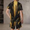 Men s Plus Size Green Black Printed Round Neck Short Sleeve Top And Drawstring Shorts Set