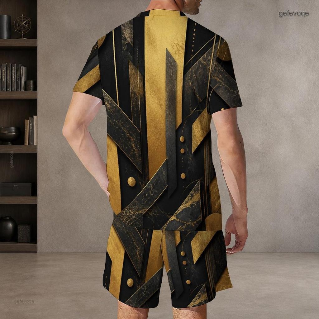 Men s Plus Size Green Black Printed Round Neck Short Sleeve Top And Drawstring Shorts Set