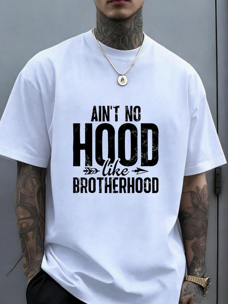 Designed for TeenagersPlusSize Vintage TShirt 'AIN'T NO HOOD Like BROTHERHOOD' Text Print Distressed Effect Bold And Cur