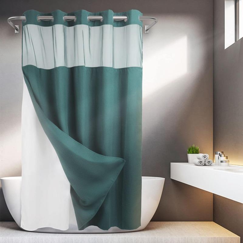 No Hooks Required Dotted Waffle Weave Shower Curtain with Snap In Liner - 71W X 74H,Hotel Grade,Spa Like Bath Curtain,Gray