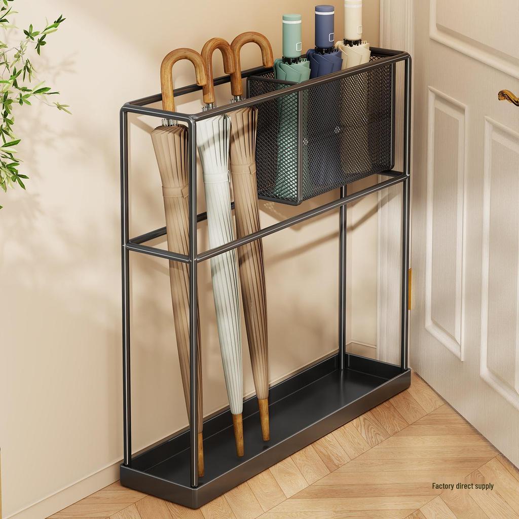 Wrought Iron Umbrella Stand: Compact Doorway Storage Rack & Draining Shelf