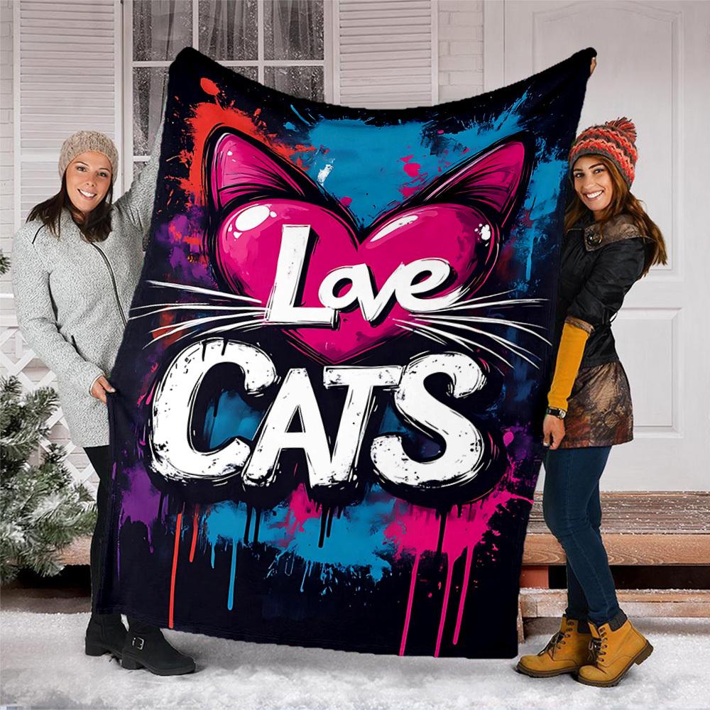 1pc Love Cats Print Outdoor Flannel Blanket Soft All Season Polyester Throw , Perfect for Picnics & Travel , Picnic Accessory