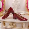 Hepburn Style~ Mary Jane Red Shoes 2025 New Thick High Heel with Buckle French Single Shoes Women Lolita