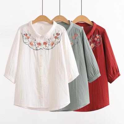 Dames Bloemenborduursel Zacht Zevenkwartsmouw Shirt