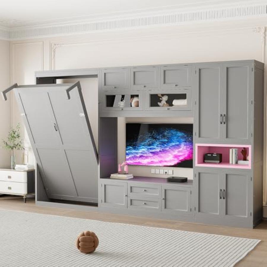 Twin Size Wooden Murphy Bed with TV Stand, Space-Saving Wall Bed Frame with 2 Drawers, Shelves, Cabinets, Foldable Platform for