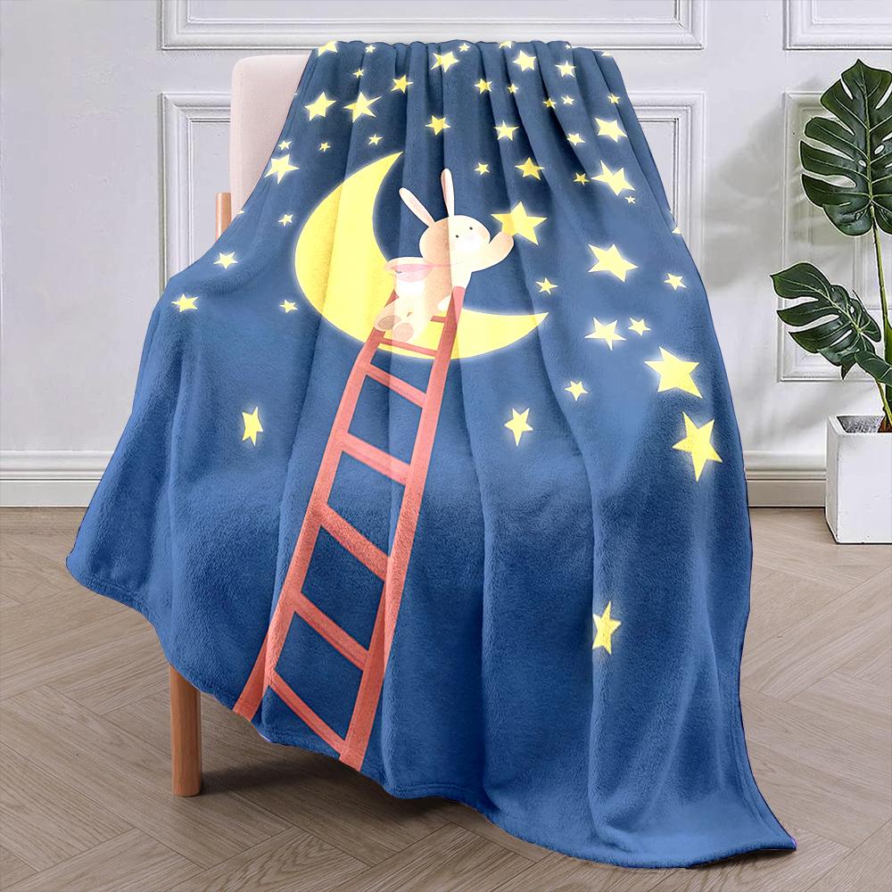 1Pc Bunny On Ladder By Crescent Moon Print Blanket Warm Soft Fluffy Kids And Adult Sofa Bed Throw Outdoor Travel Camping Rv