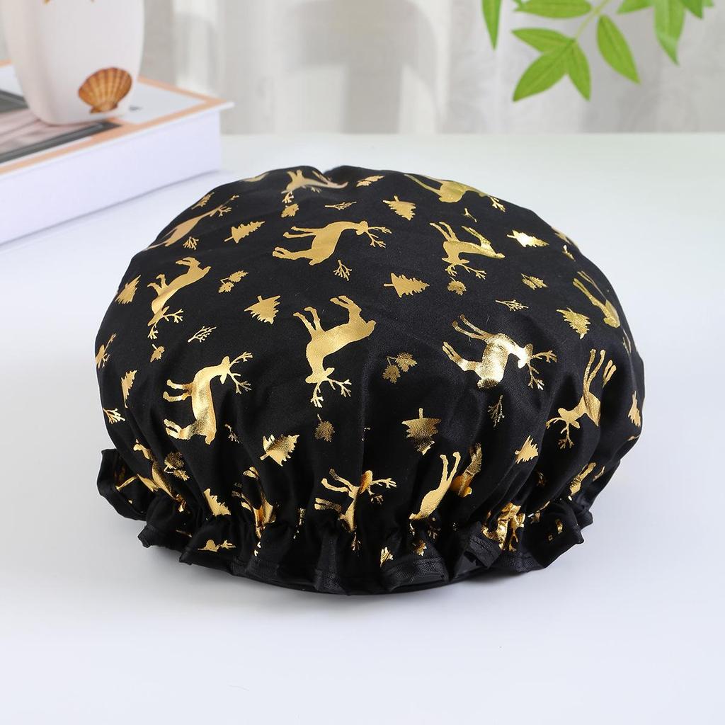 Double-layer Shower Cap  Waterproof Hair Cap  Gold-embossed Printed Polyester-cotton PEVA Shower Cap  Women's Bathing and Bathing Style