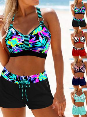 Neu Sommer Strand Neue frauen Bikini Zwei Stück Bademode Bunte Blatt Drucken Lace Up Strand Kleid S-6XL