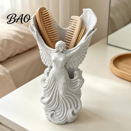 Office Supplies Storage Organizer 3D Printed Angel Wings Vase & Pen Holder, Sculpture Winged Holder Desktop Decor, Multi?Functional Dry Flower Vase,