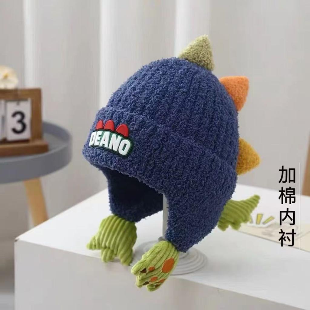 New children's hats autumn and winter ear protectors thickened cute plush dinosaur boys and girls warm knitted wool hats