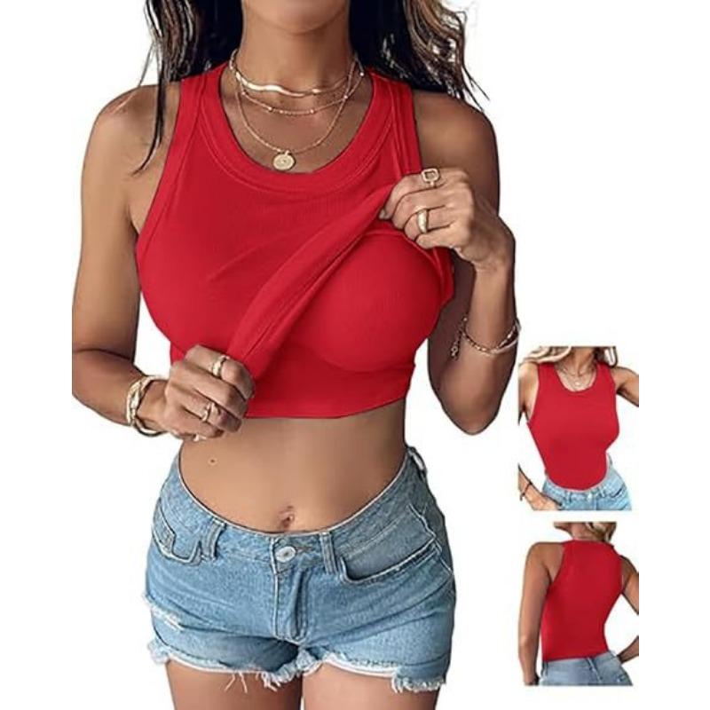 Women S Round Neck Solid Color Tank Top With Built In Bra For Summer