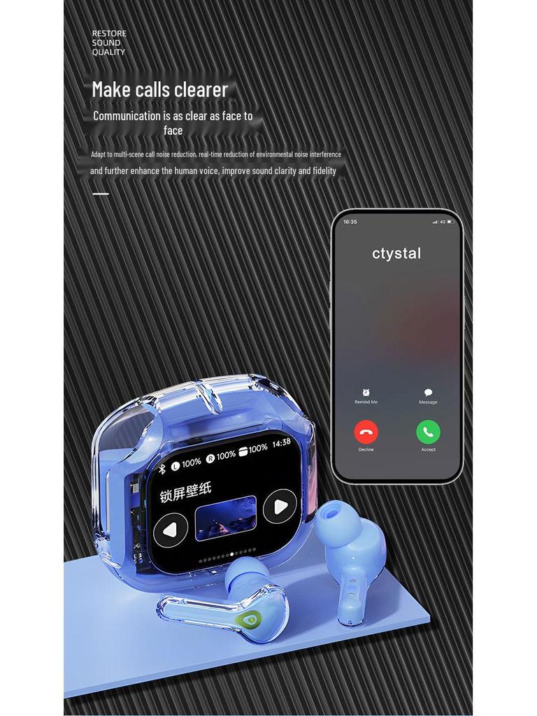 Air Max Transparente Bluetooth-Ohrhörer: Kabellose In-Ear TWS mit Touchscreen-Display & Noise Cancelling für Gaming