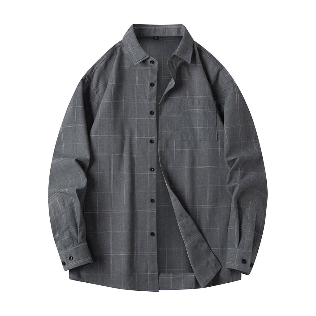 Men's Spring Plaid Conservative Fashion Loose Stand Collar Long Sleeve Shirt