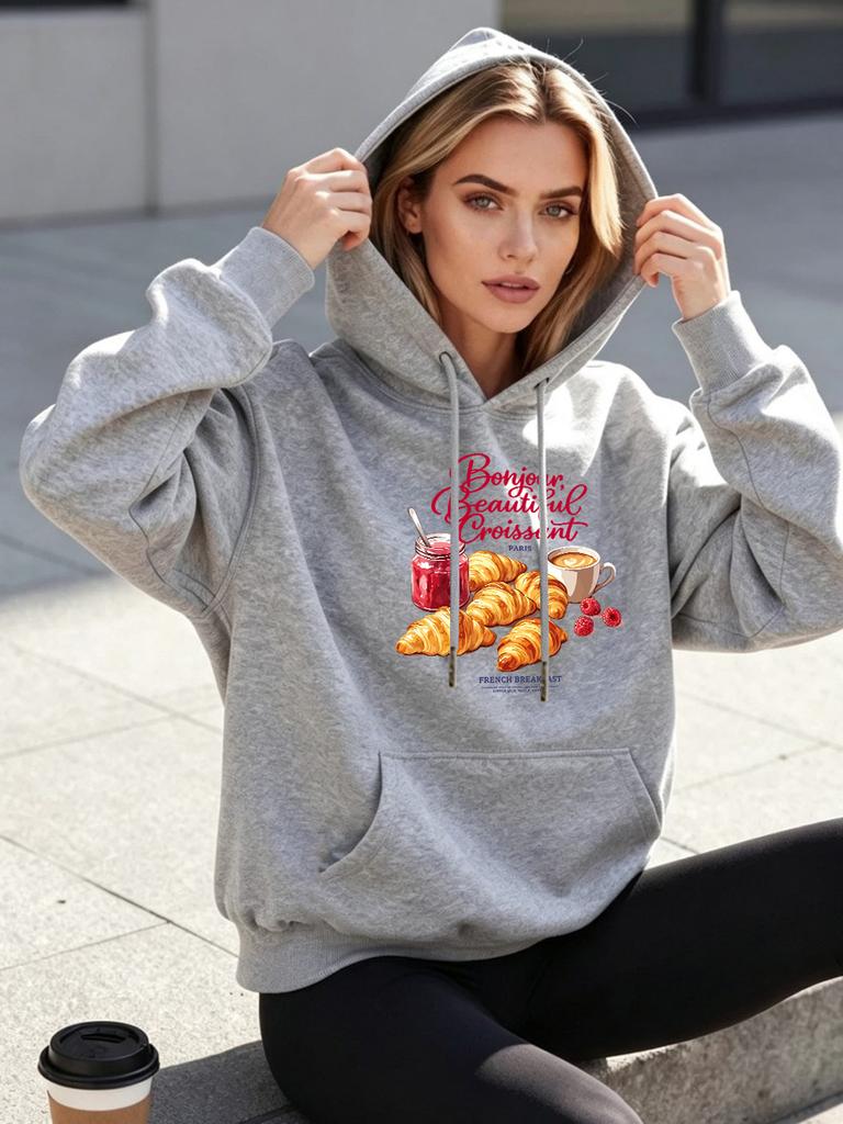 Bonjour Beautiful Croissant Prints Hoodies Womens Casual Fleece Warm Sweatshirt Basics Loose Pocket Pullover Winter Jogging Tops