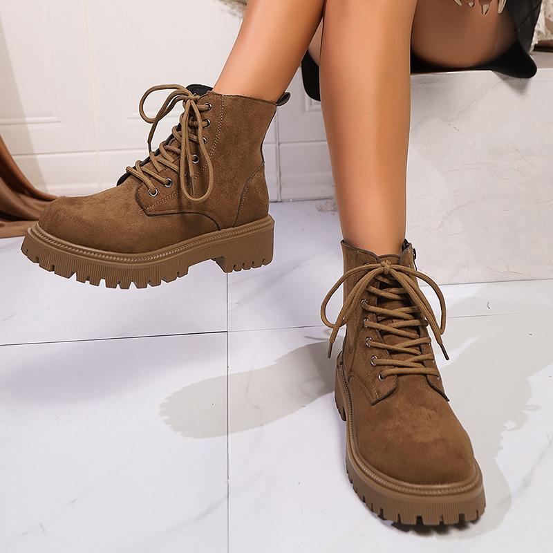 Dark Borwn Platform Ankle Boots for Women Side Zipper Thick Bottom Motorcycle Shoes Woman Punk Style Lace Up Fashion Boots Mujer