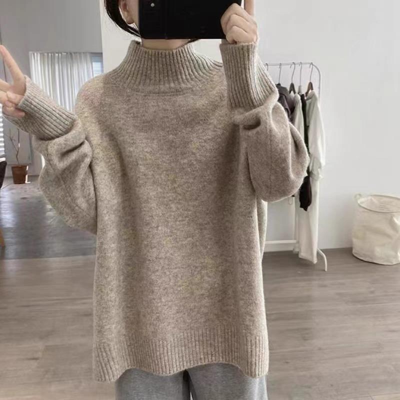Høst og vinter ny løs og tynn avslappet myk voksaktig strikket genser topp ensfarget høyhalset genser damekåpe