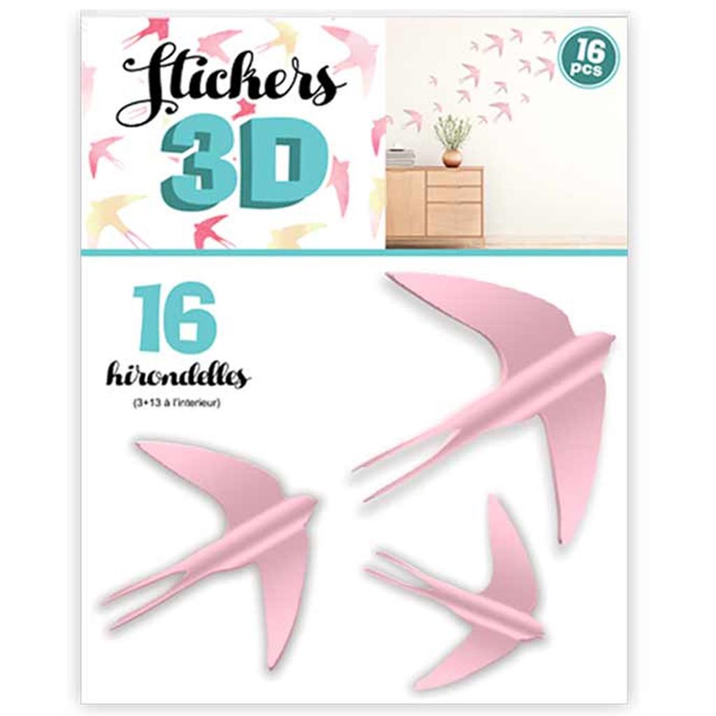 Les Trésors De Lily [Q8027] - 16 Pink 'Swallows' 3D Stickers - Sheet 30x22 Cm