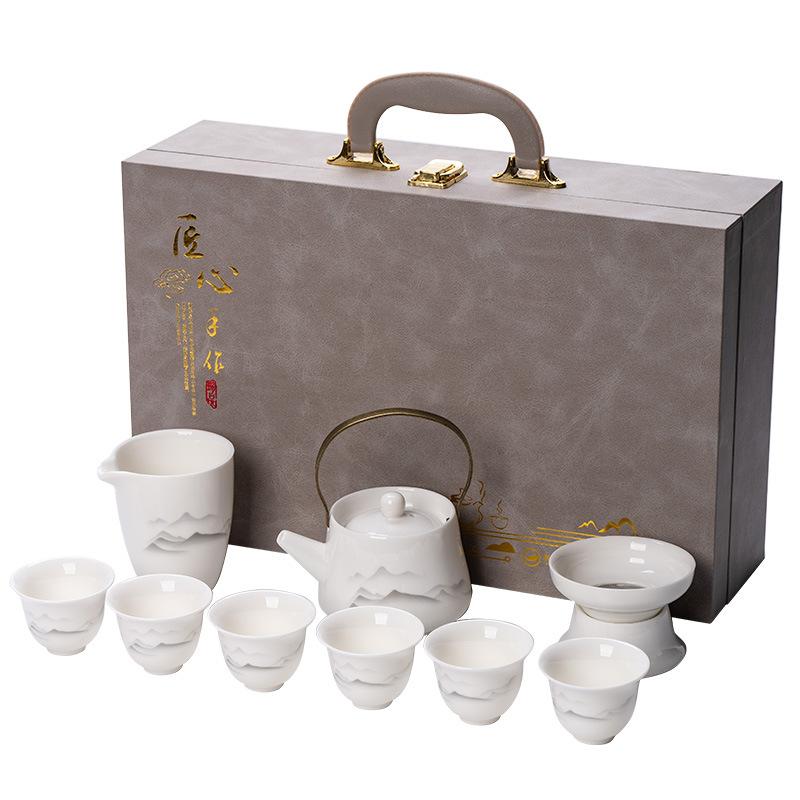 Suet Jade Light Luxury White Porcelain Kung Fu Tea Set, a Complete Set of Beam Pots, High-end Souvenirs, Gift Boxes, Boutique Products