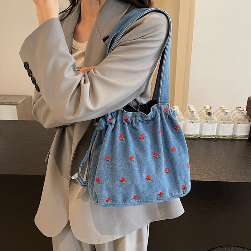 Yogodlns Women's Vintage Floral Denim Bucket Shoulder Bag Casual Embroidered Large Capacity Handbag with Polyester Lining