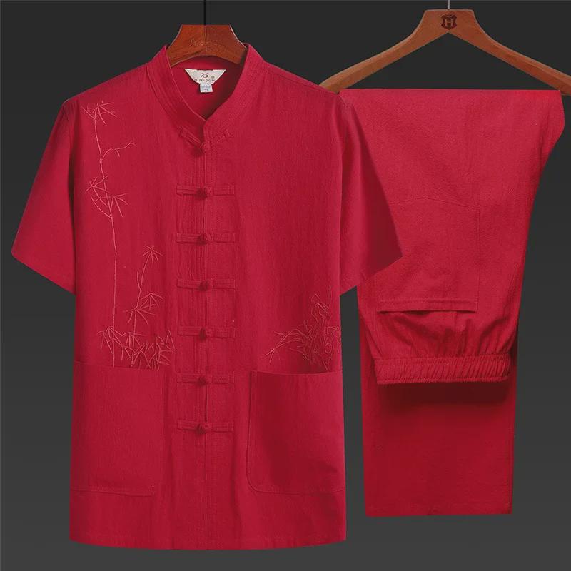 Costum Tang din bumbac-in cu mânecă scurtă pentru bărbați de vârstă mijlocie și în vârstă - Stil chinezesc Hanfu de vară