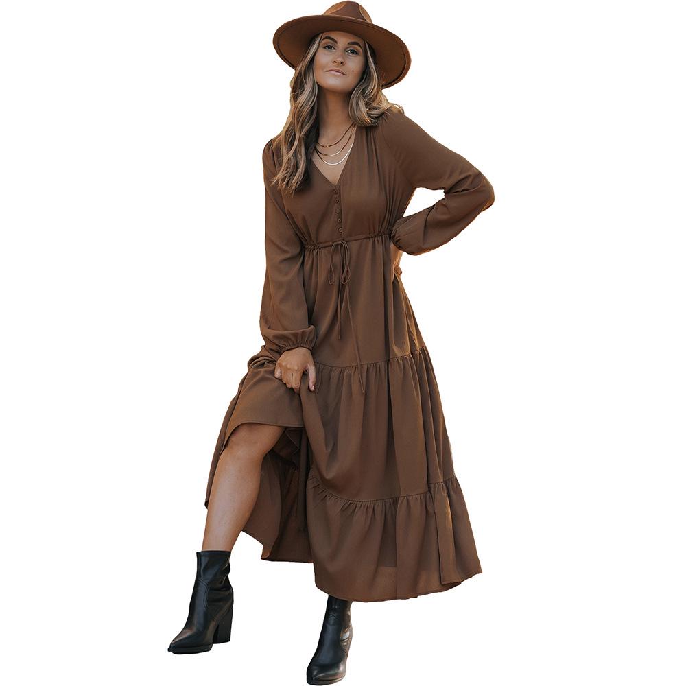 

Shi Ying Women s Autumn Layered Dress - Deep V-Neck, Mid-Waist, Lantern Sleeves with Belt M темно-коричневого кольору