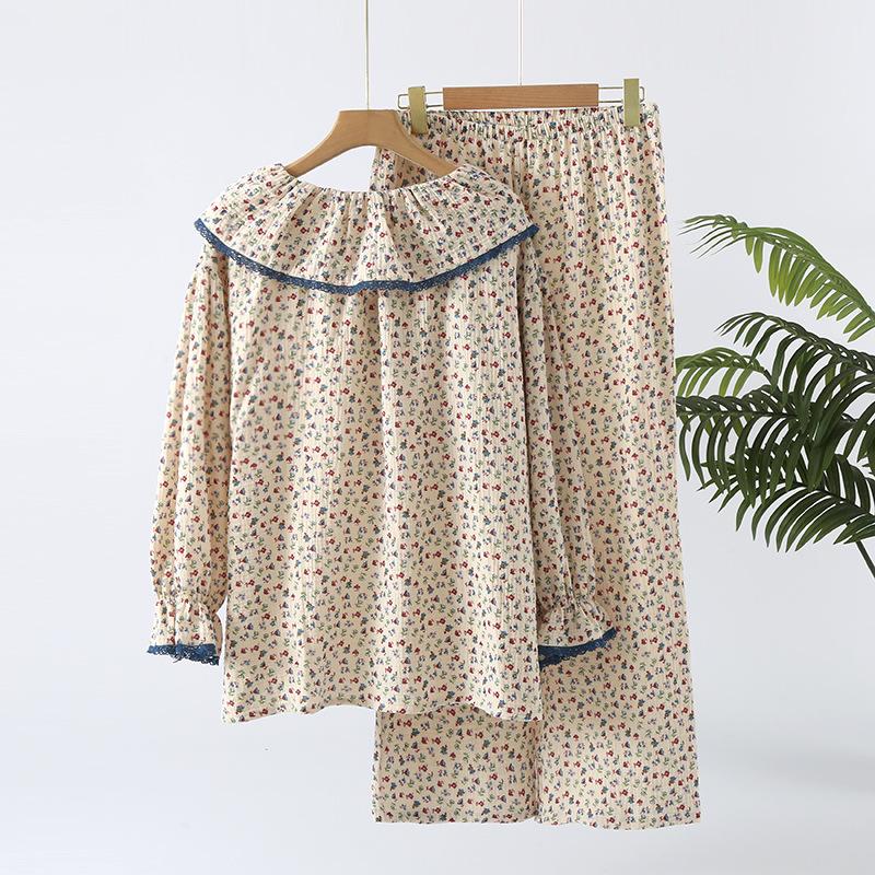New crepe cotton yarn lotus leaf collar lace small floral pajamas loungewear age-reducing long-sleeved trousers set