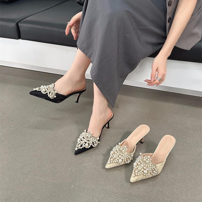 Baotou Fairy Rhinestone Pearl Sandals Summer New Pointed Thin Heel High Heel Sandals Large Size 35-42