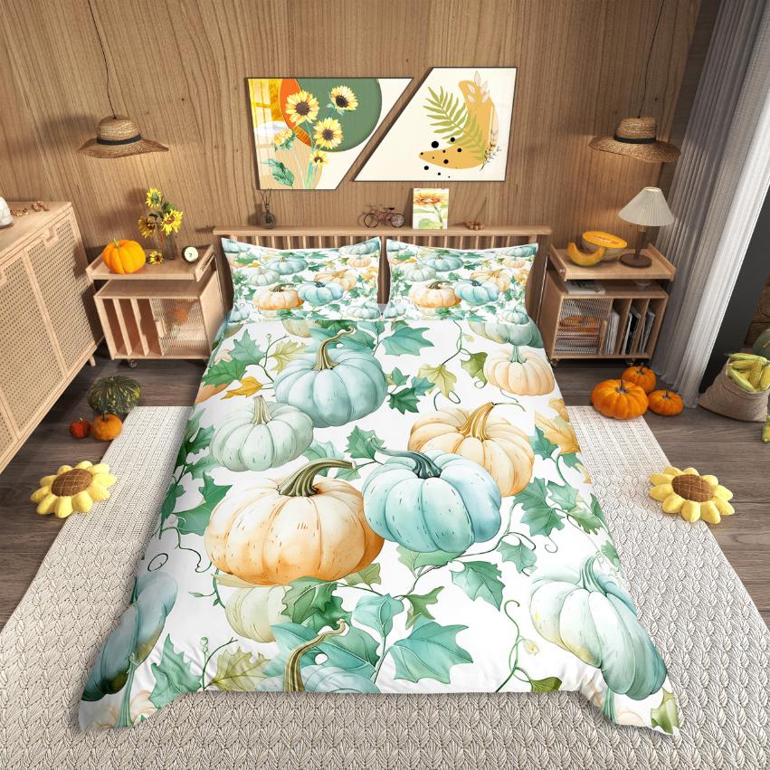 Homewish Rustic Flower Maples Duvet Cover SetAutumn Harvest Pumpkin Comforter Cover SetBrown Pine Cone Bed Set For Girls
