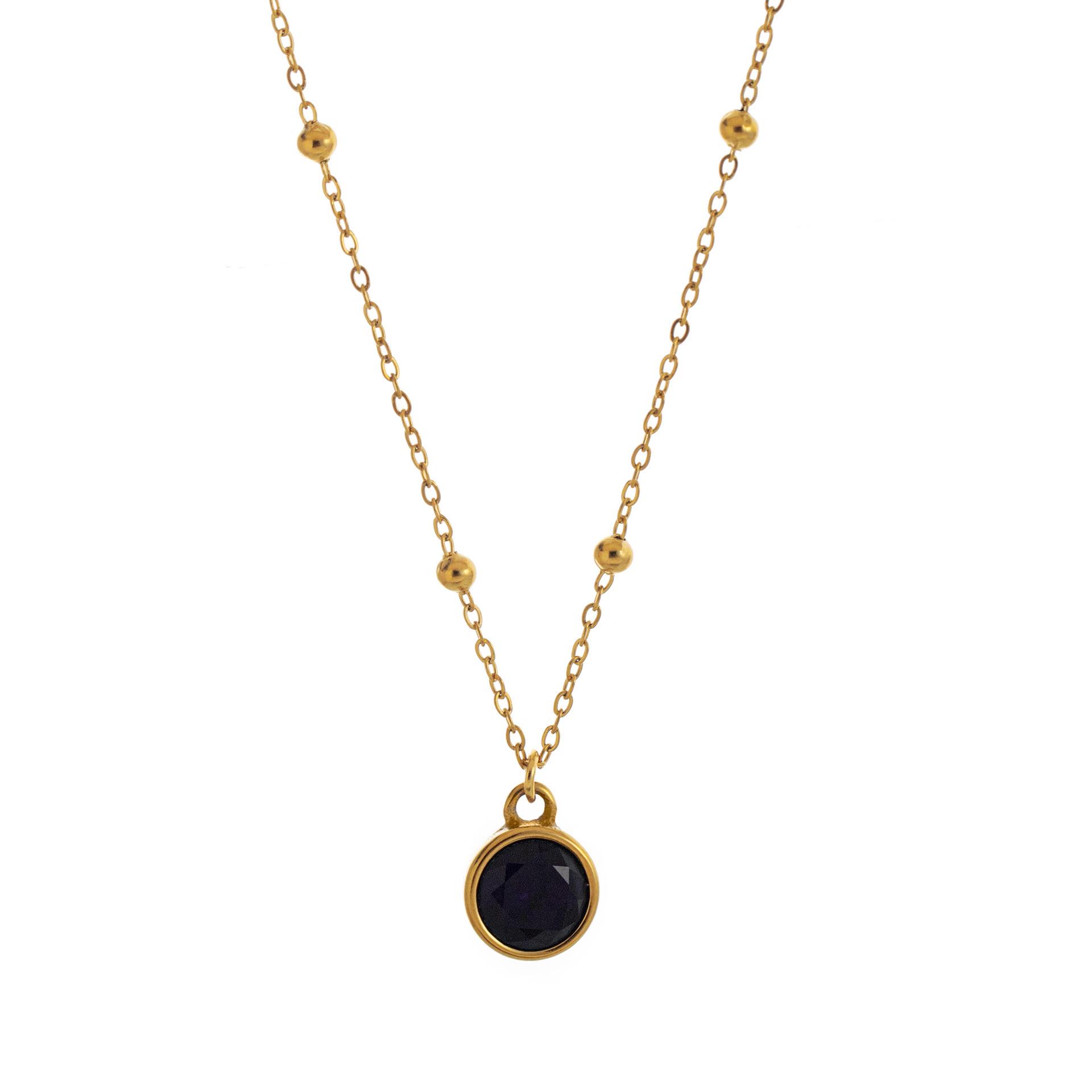 18K Gold-Plated Zircon Birthstone Pendant Necklace with Round Bead Chain