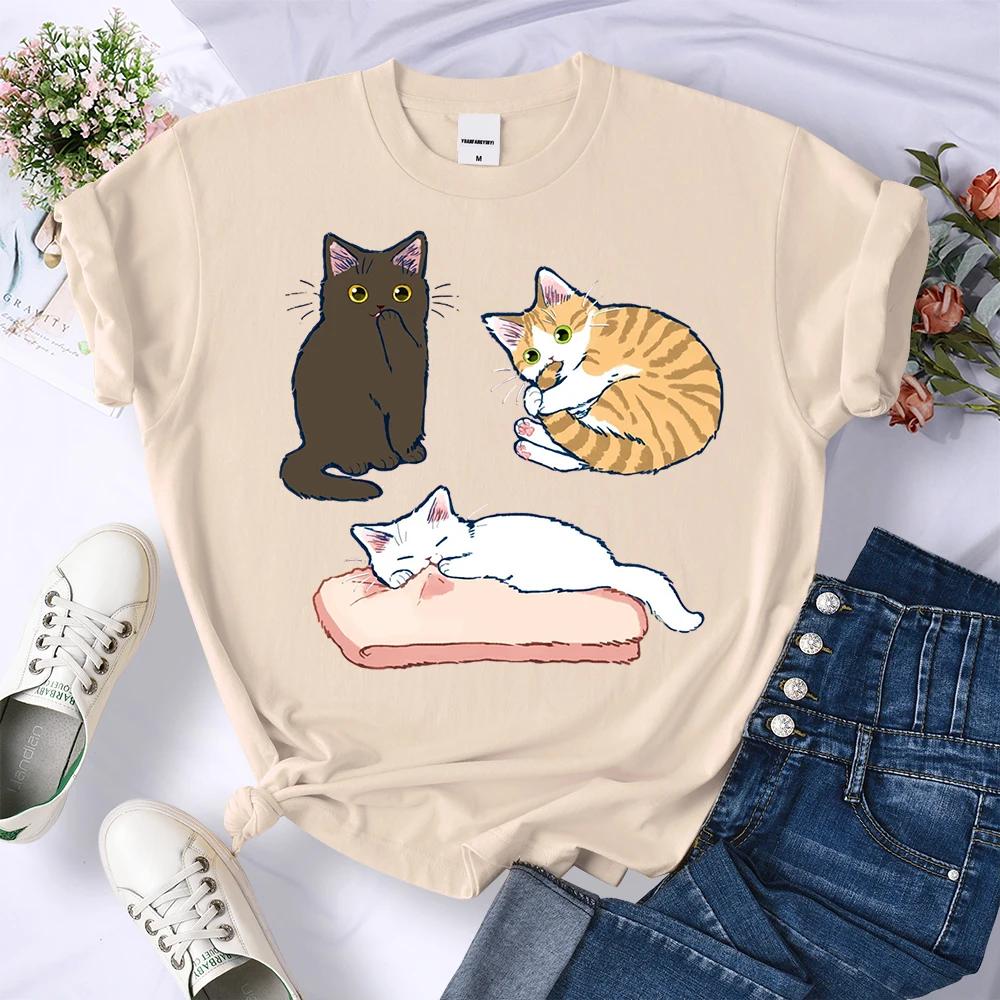 Mischievous Three Colored Kittens Print Women T Shirts Hip Hop Summer T Shirt Casual Comfortable Clothes Crewneck Soft Top