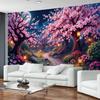 Tapeçaria de Parede Flor de Cerejeira Sonhadora Céu Noturno Paisagem Decoração de Casa Riacho Pendurado para Quarto Sala de Estar