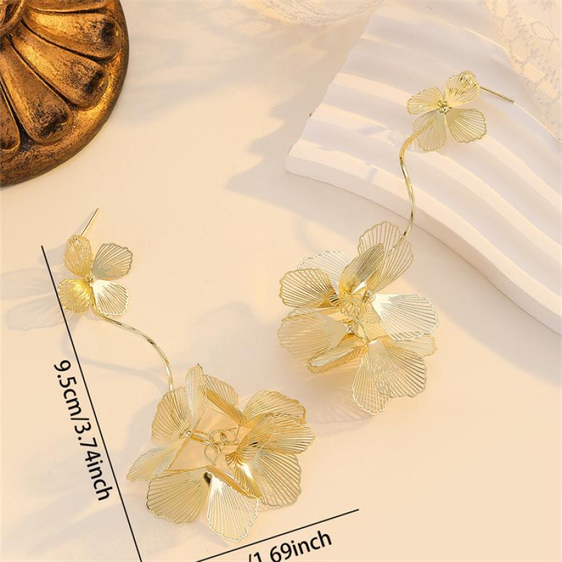 Vintage Goldfarbene Große Blumen-Hängeohrringe für Damen Klassische Mehrschichtige Metall-Ohrringe mit Langem Quasten-Anhänger Bohmischer Ohrschmuck Geschenke