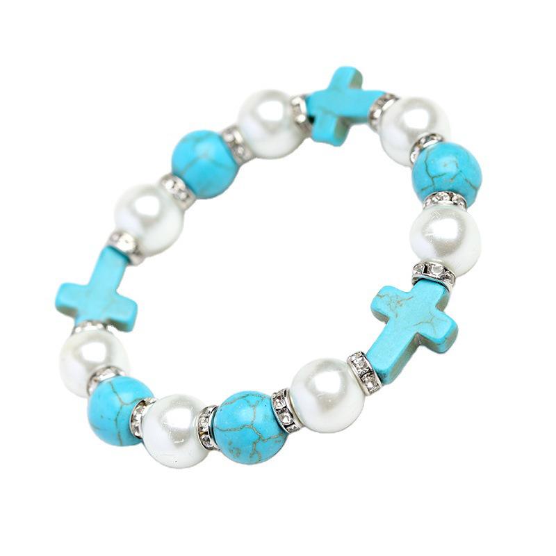 Pulsera de Cruz con Pedrería Turquesa y Perlas - Joyería Elegante y con Estilo para Chicas a la Moda