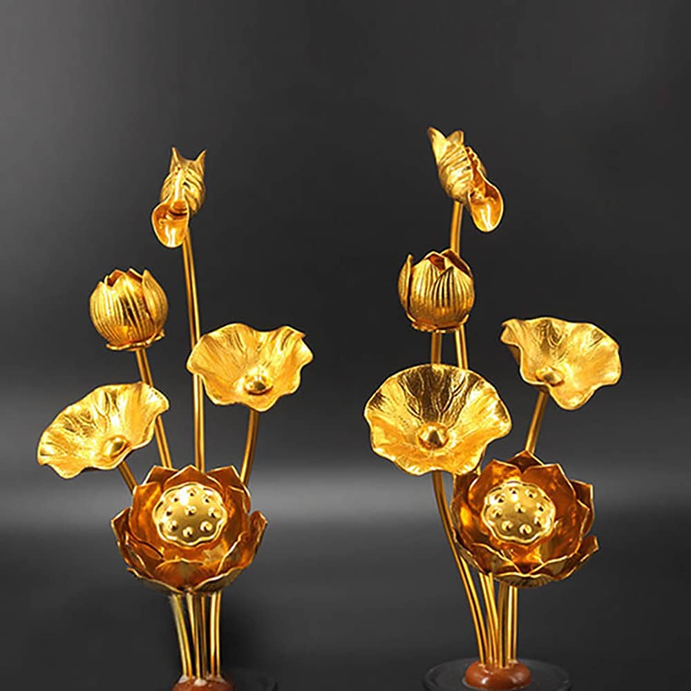 WILLRAY Lotus Flower Set, Buddhist Altar Accessories, Set of 2, Gold-Plated Lotus Flowers, Buddhist Altar Accessories, Buddhist Memorial Service,