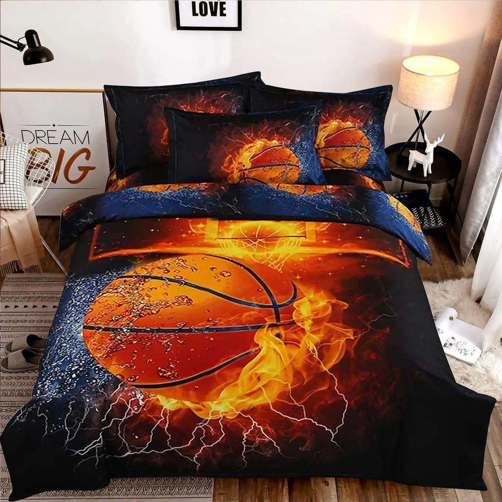 3D Basketbal Soft Duvet Cover King for Ten Young Boys Children Kids Fire Water Sports Beding Set Microfiber Bal Game Comfortable Quilt Cover featuring