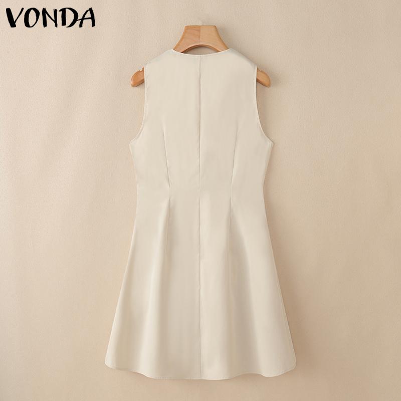 VONDA Women Sleeveless Bow Knot Slim Waist Stitching Pleated Dress