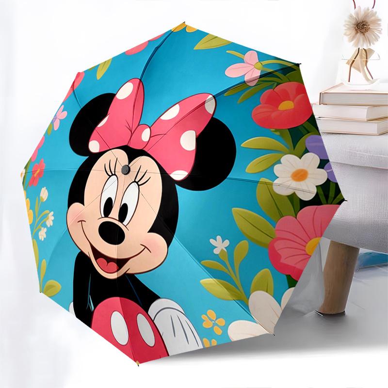 Minnie Mouse, Floral Background Automatic Opening and Closing Umbrella, Compact Travel Umbrella, Lightweight and Portable, Suitable for Beac