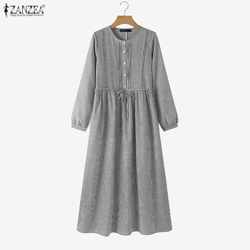 ZANZEA Women Casual Round Neck Loose Long Sleeve Stripe Dress