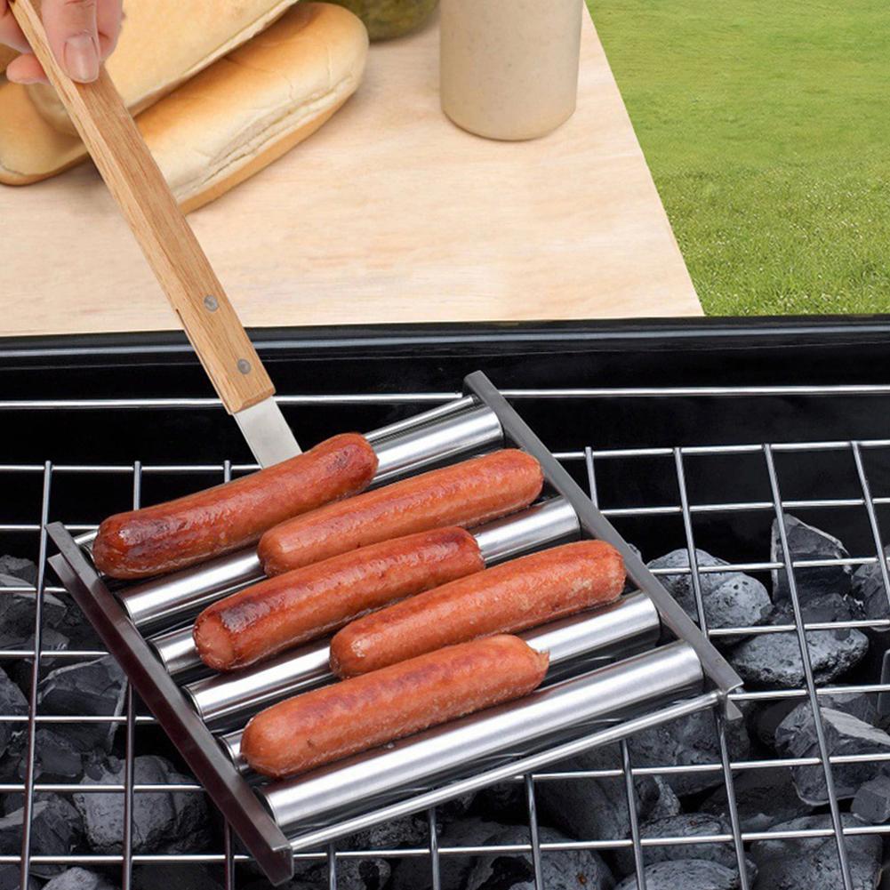 Hot Dog Roller Sausage Roller Rack Stainless Steel Hot Dog Grill Roller with Wooden Handle 5 Hot Dog Capacity Grill Accessories