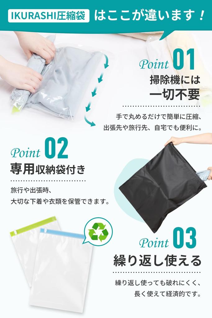 IKURASHI Compression Bags, Travel Clothing Compression Bags with 5x Anti-odor, Silver Ion Equipped, 7x Strength, and Extra-Thick 90-Micron Thickness.