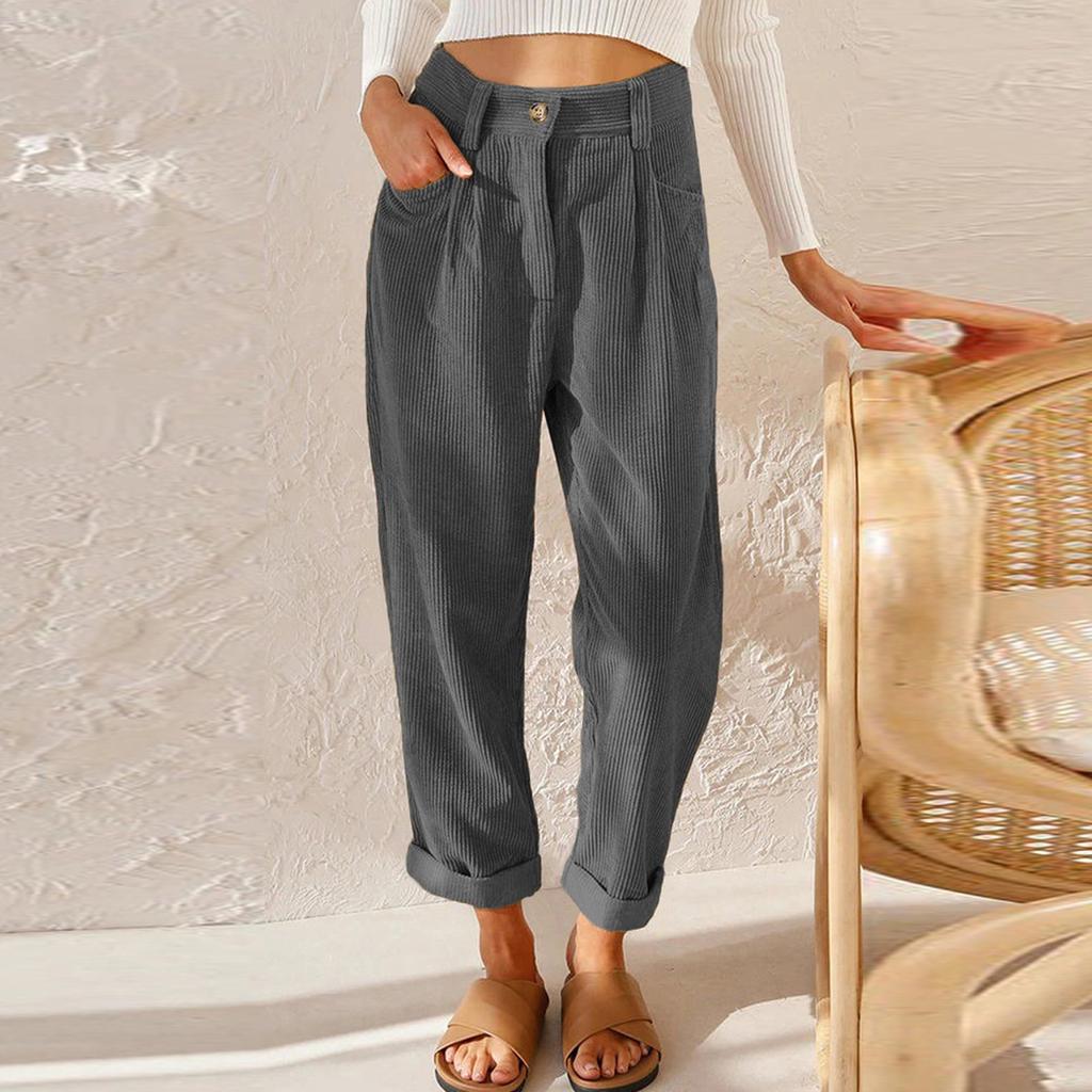 Pantaloni casual de damă cu talie înaltă, culoare uni, pantaloni largi, cu picior drept, pentru femei