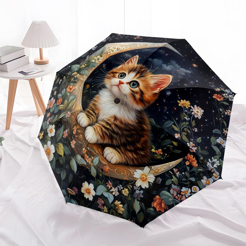 1 PC Automatic Folding Umbrella - Kitten and Moon Night Pattern, Portable & Foldable Design with 8 Ribs, Christmas Birthday Gifts