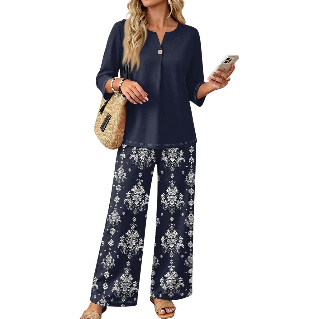 Women Casual Button Front Top with Three Quarter Sleeves and Printed Wide Leg Pants Two Piece Set Lightweight Comfortable Outfit