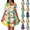 Women's Casual Loose Fit Shirt Dress Button Front Stand Collar Hawaiian Print Short Sleeve Summer Dress