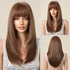 EASIHAIR Long Straight Layered Wigs with Bangs Brown Synthetic Wig Silky Daily Party Natural Hair Wig for Women Heat Resistant Fake Hair
