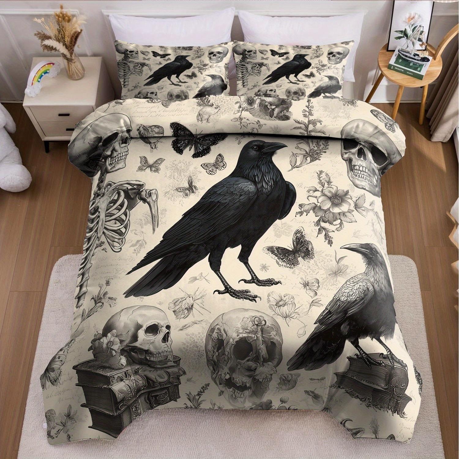 

Halloween Duvet Cover Set without Core Quilt Cover with 2 PillowcasesSoft and Machine Washable Gothic Skulls Crows Bedding US Twin(172x218cm)