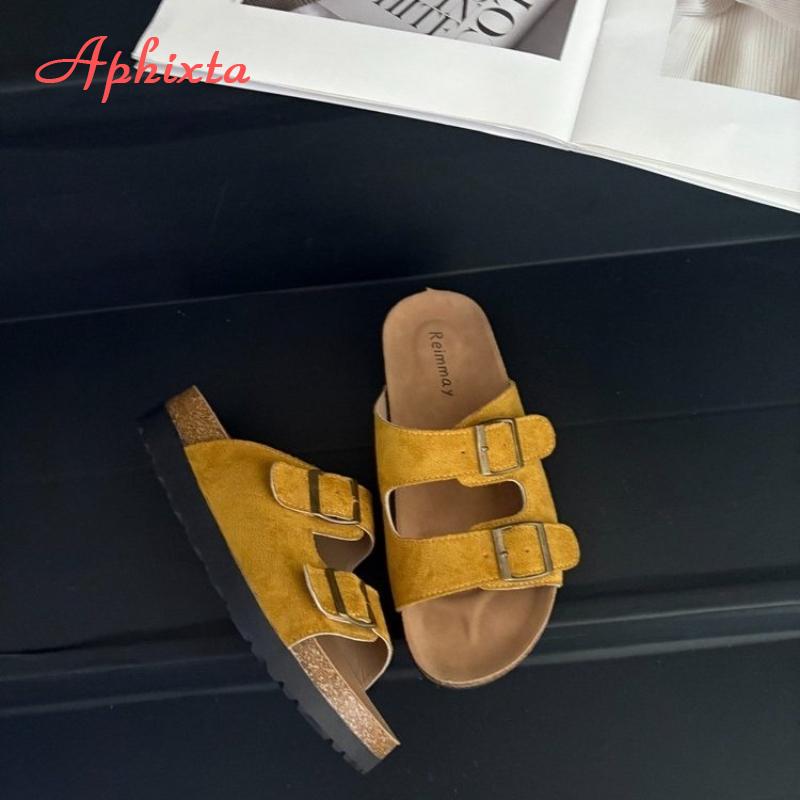 Aphixta Cork Clogs Slippers For Women Classic Suede Summer Sandals Outdoor Beach Shoes With Adjustable Metal Buckle