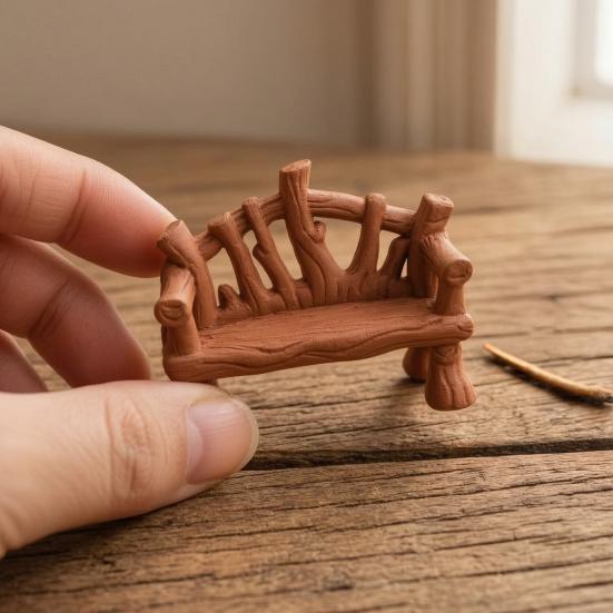 Natural Texture Craft Supplies 3D Printed Mini Twig Bench for Dollhouse Furniture, Rustic Branch Miniature Scene Enhancers Shape Micro Landscape