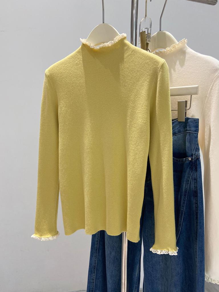 Dopamine semi-turtleneck lace top women's soft waxy knitted sweater autumn and winter slim and thin inner long-sleeved backing sweater